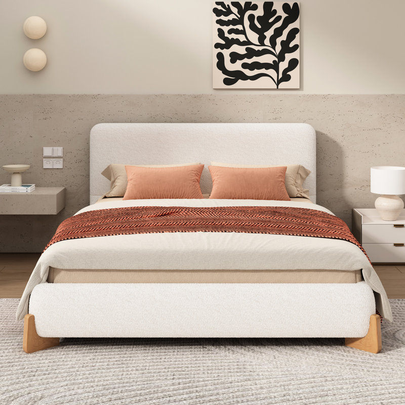 Elegant White Boucle Bed Frame In Full Size, With Solid Wood Feet And 3 Support Legs For Stability Comfortable Size Construction Soft Fabric Bedroom Decor