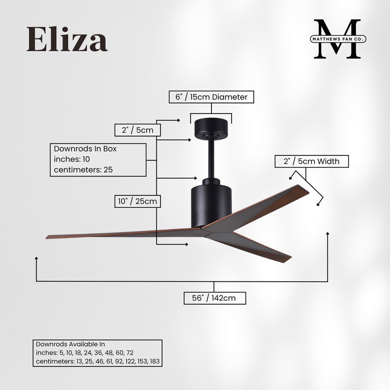 Eliza Outdoor Downrod Ceiling Fan, Matte Black, Walnut Tone