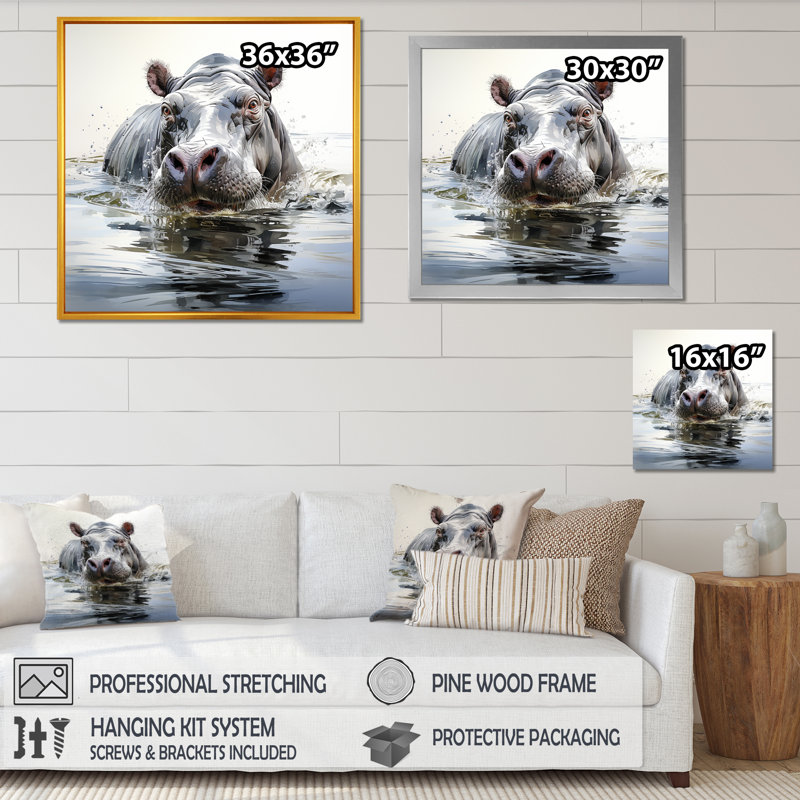 Gris, majestueux Hippo Elegance III - hippopotame, art mural, Toile tendue, H 36 po x l 36 po x P 1,5 po