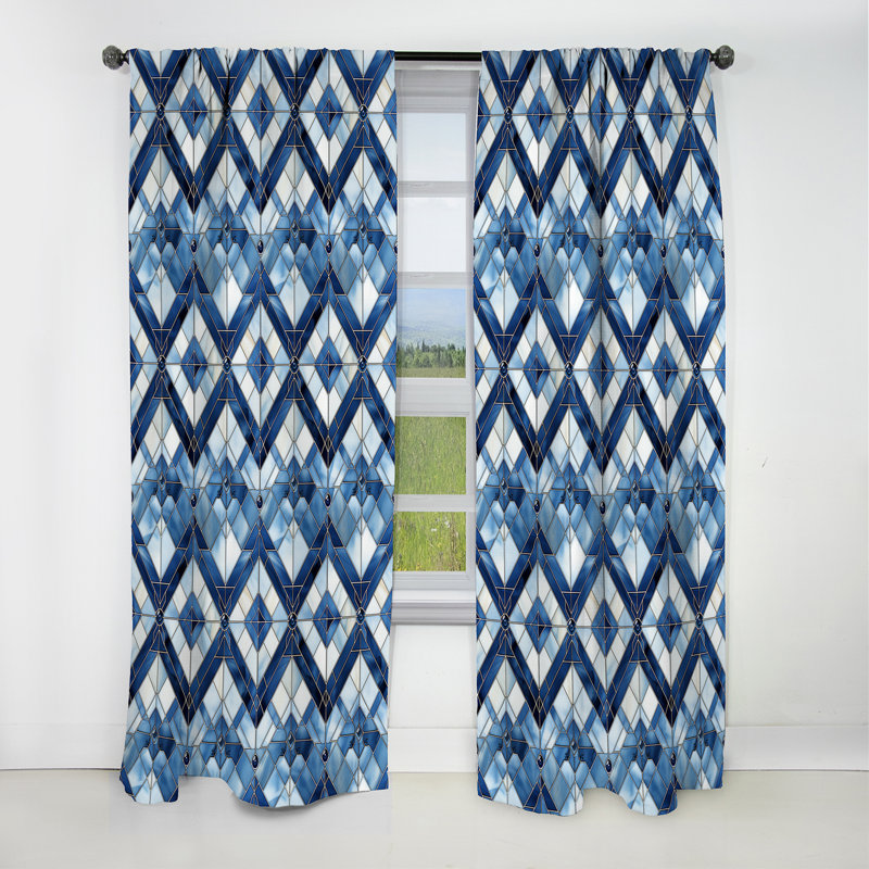 Mosaïque rétro bleue et blanche géométrique I - Rideau occultant géométrique abstrait - 1 panneaux, L 52 po x L 90 po
