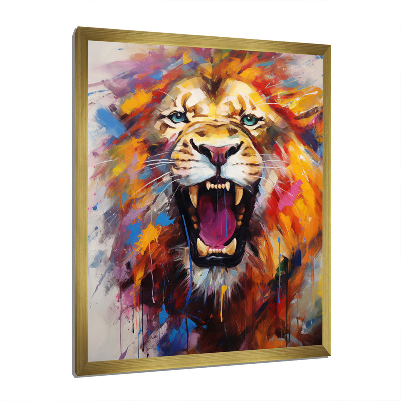 Abstrait lion rugissant - Lion, art mural, H 32 po x l 24 po x P 1 po, Cadre doré simple