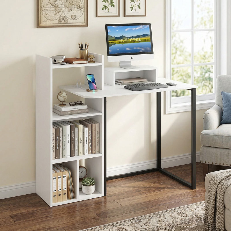 43.5" Sturdy Space-Saving Modern Home Office Computer Writing Workstation Desk With Integrated Power Outlet & USB Charging Station, Built-In Ergonomic Monitor Stand Riser, Multi-Purpose Work Desk For Gaming Study Dorm Small Apartment Co-Working Spaces