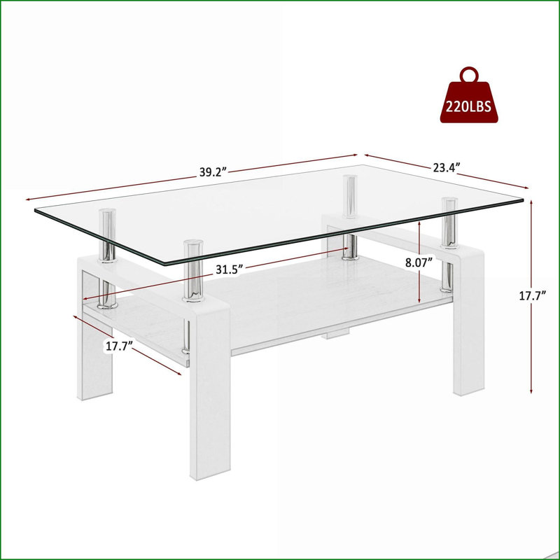 Table basse de salon rectangulaire, plateau en verre trempé Pieds en fer - Facile à nettoyer et amp; Peu encombrant