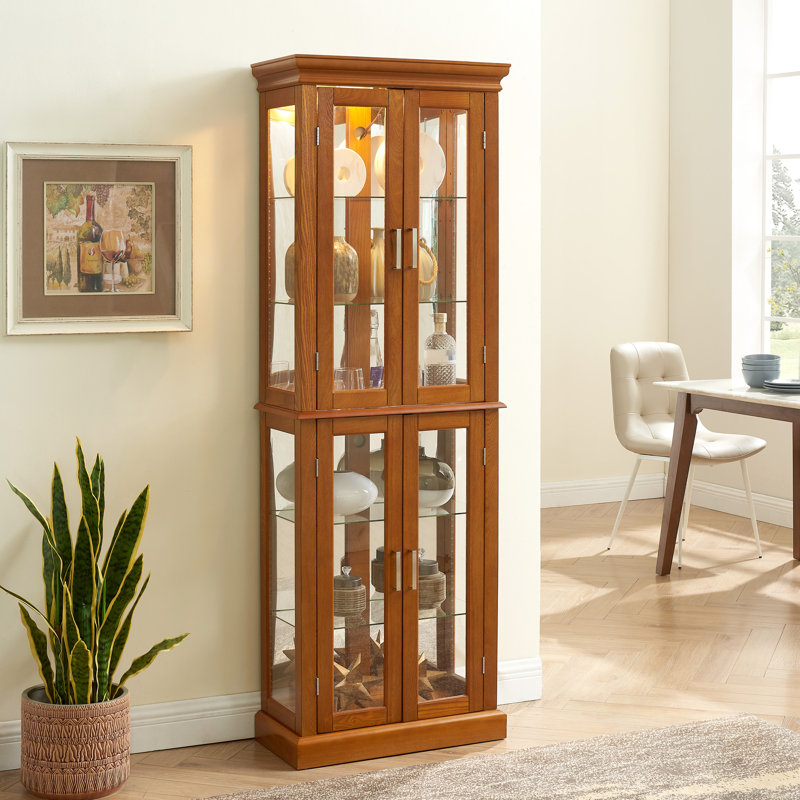 Curio Cabinet With Internal Lighting & Adjustable Shelving In 6 Shelves Magnetic Doors, Oak