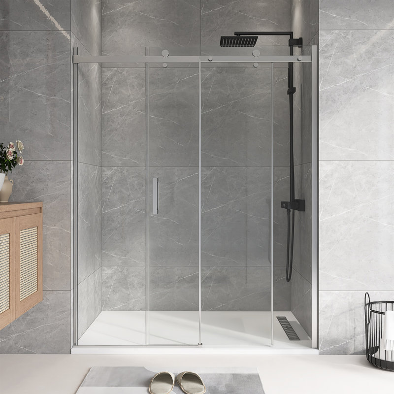 60" W X 74" H  Sliding Frameless Shower Door With Clear Tempered Glass, Chrome