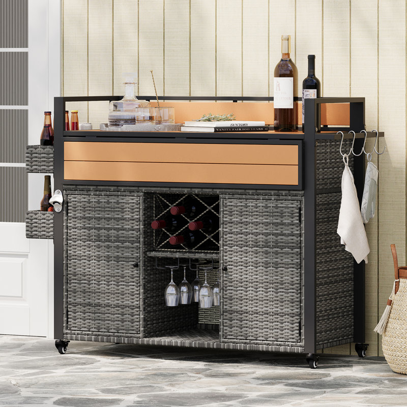 K&K 52.8"W Wicker Outdoor Grill Cart With Extended Plastic Wood Table Top, Rolling Kitchen Island On Wheels With Storage Cabinet, For Patio Backyard Garden Poolside, Double Handle Design, Grey