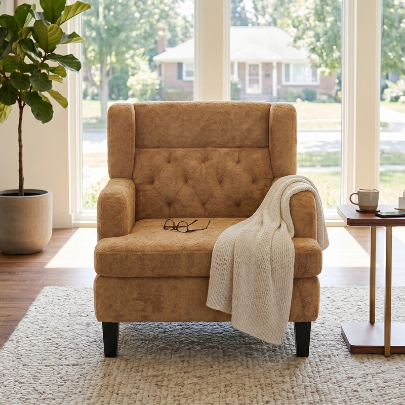 Fauteuil rembourré avec dossier capitonné et pieds robustes, Orange