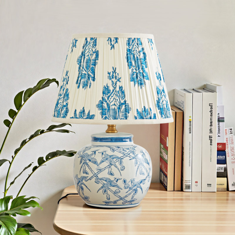 Vintage Blue And White Floral Porcelain Table Lamp With 11.81 Inch Pleated Linen Shade, Plug-In Design