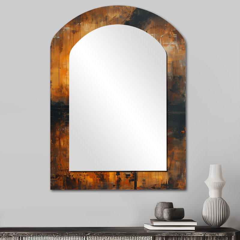 Grand miroir mural arqué sur métal jaune, 34 po x 25 po