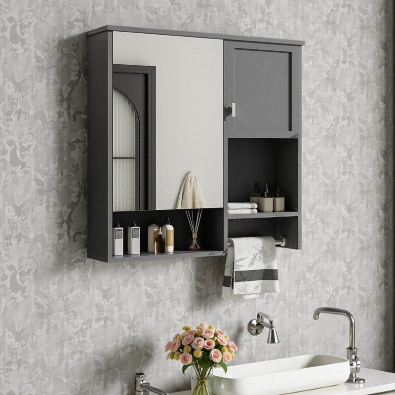 Pharmacie murale 29 po x 28 po avec miroir et barre à serviettes, rangement pour salle de bain en panneau de fibres à densité moyenne
