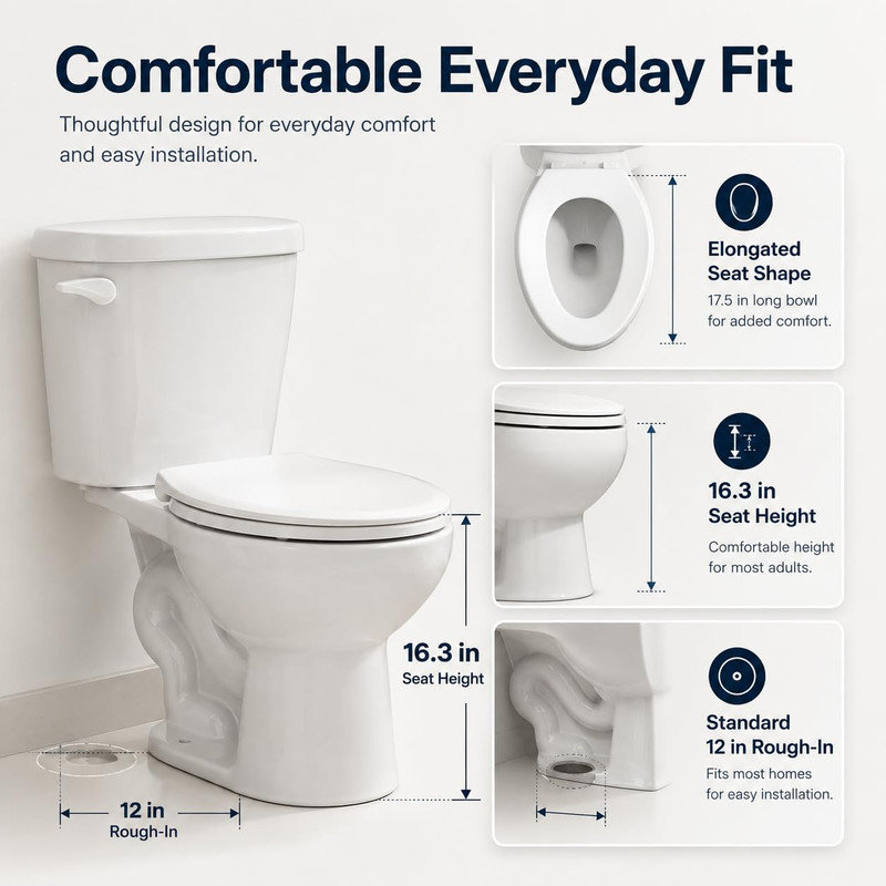 Toilette allongée à hauteur ajustable ADA - Siège à fermeture en douceur, chasse siphonique 1,28 GPF, installation brute de 12 po