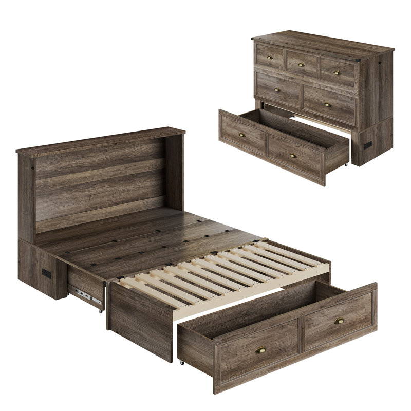  Arlina Farmhouse Queen Murphy Bed With Charging Station & Storage Drawer, Rustic Gray, Gray, Queen