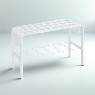 Horizontal Steel Shoe Bench, Shoe Organizer for Entryway, Shoe Storage Bench with Curved Wire Frame, Powder-Coated Finish, White