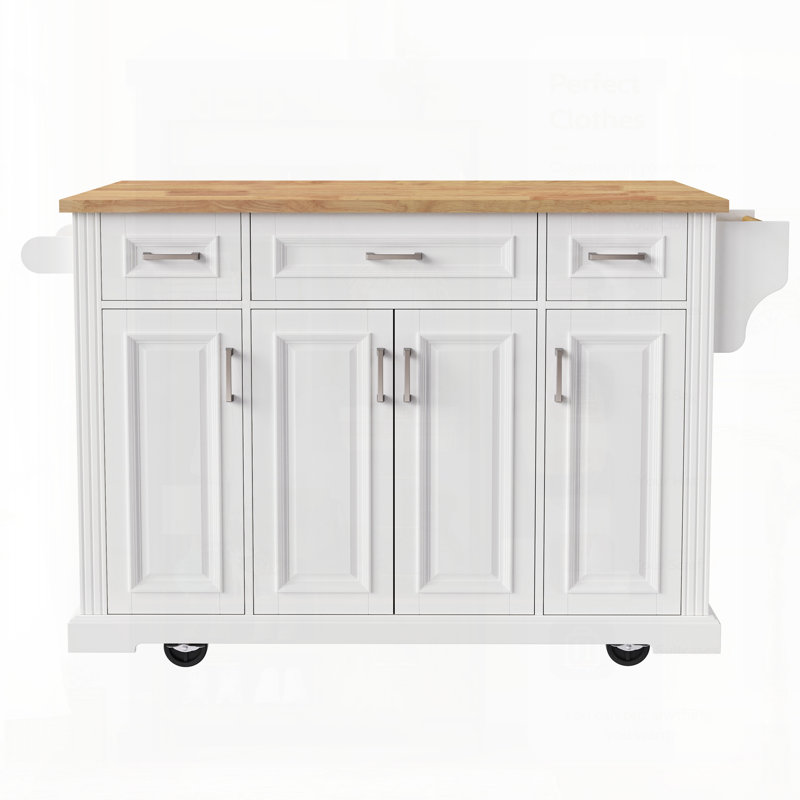 Spacious Rubber Wood Kitchen Island With Drop Leaf, Rolling Cart On Wheels, Ample Storage For Modern Kitchens And Dining Areas.