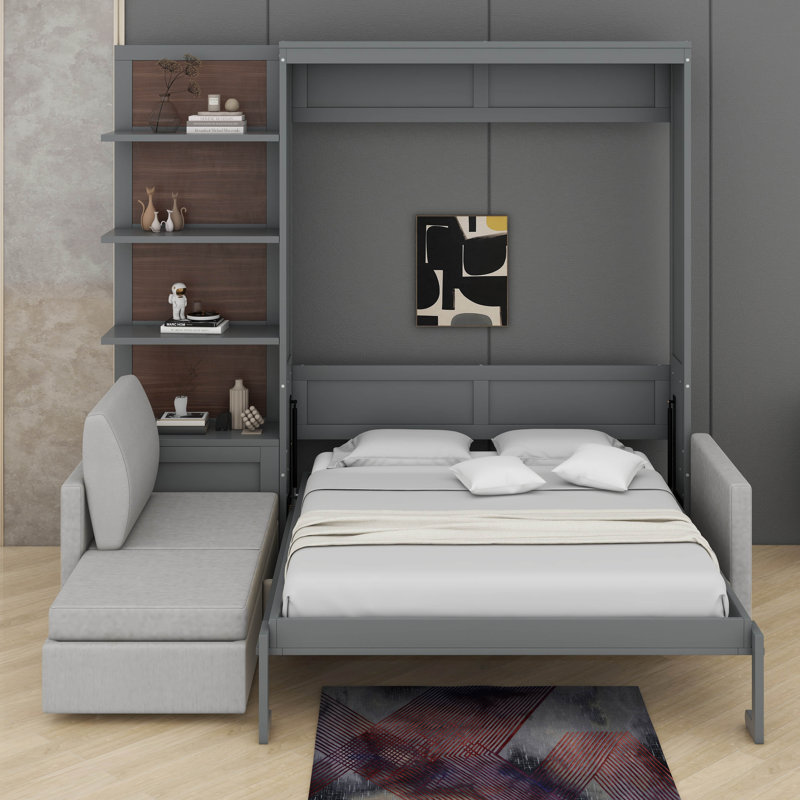 Grand lit escamotable avec tablettes, Gris