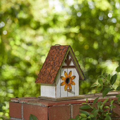 Maison d'oiseaux d'extérieur en bois massif vieilli 8,25 "avec toit en métal 3D et fleur