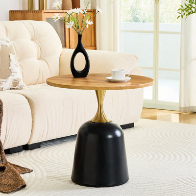 Table de 23,6 pouces, base en métal, bois, décoration, pour table d'appoint avec grain de bois, style luxueux nordique, salon, chambre à coucher, bureau - support facile à assembler