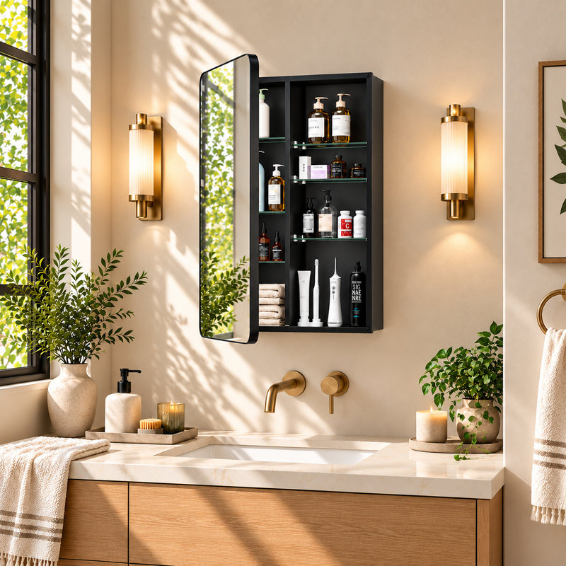 Armoire à pharmacie Ahn avec miroir, étagères réglables et design encastré ou en saillie pour le rangement de la salle de bain