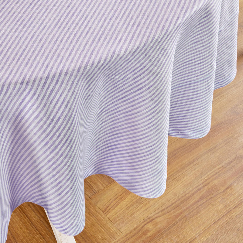 Narrow Stripe - 100% Pure Linen Tablecloth, 60" Round, Lavender/White