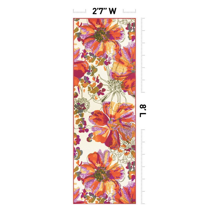 Florentia Floral Tufted Orange/Pink/Ivory Non-Slip Rubberback Area Rug, Runner 2'7" x 8'