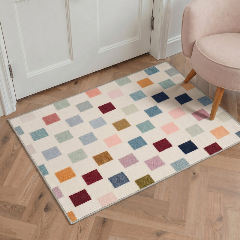 Mosaic Modern Machine Washable Beige Indoor Area Rug with Non-Slip Backing, Rectangle 5' x 7'