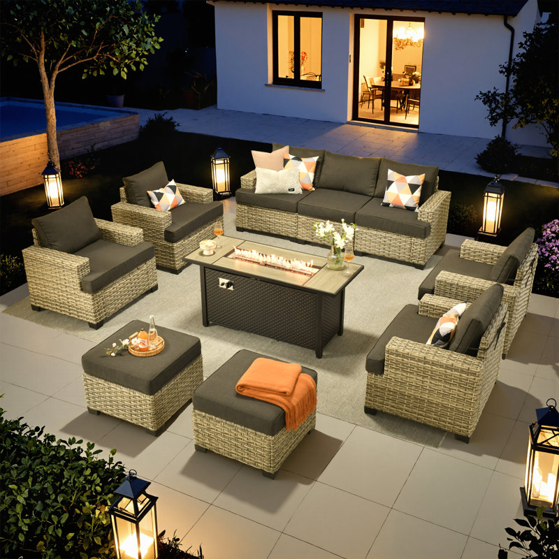 Ensemble de conversation d'extérieur pour 7 personnes, canapé de patio en osier et fauteuil avec foyer et coussins Wahkon