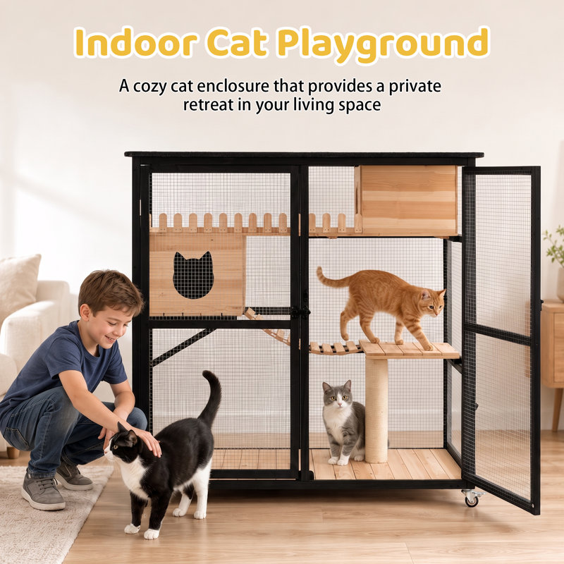 Grande maison pour chat en bois avec roues et plateforme Catio