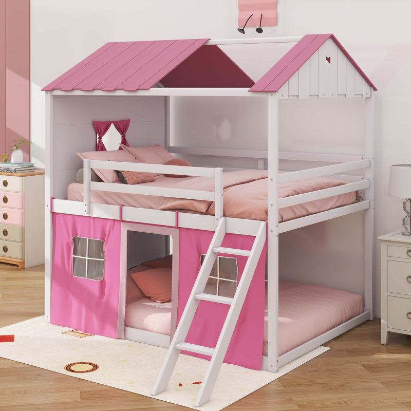 Kobart Bunk Wood House Bed with Elegant Windows, Sills and Tent, Full, Pink/White