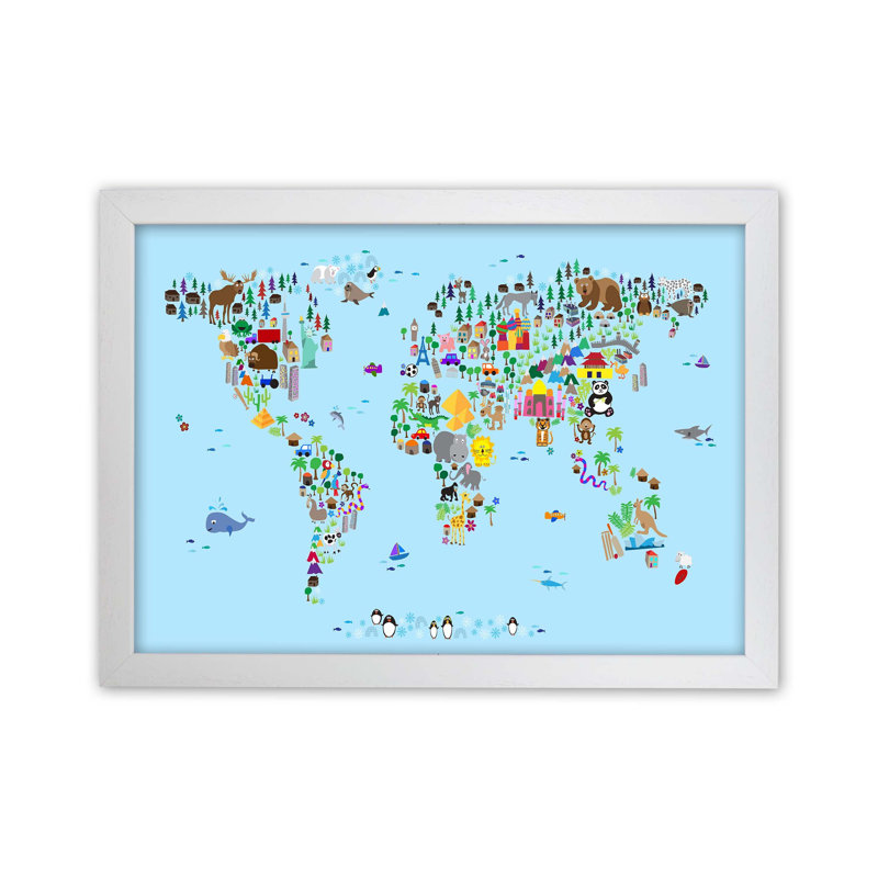 Animal Map Of The World by Michael Tompsett - Print, White Framed, 34cm H x 46cm W x 3cm D