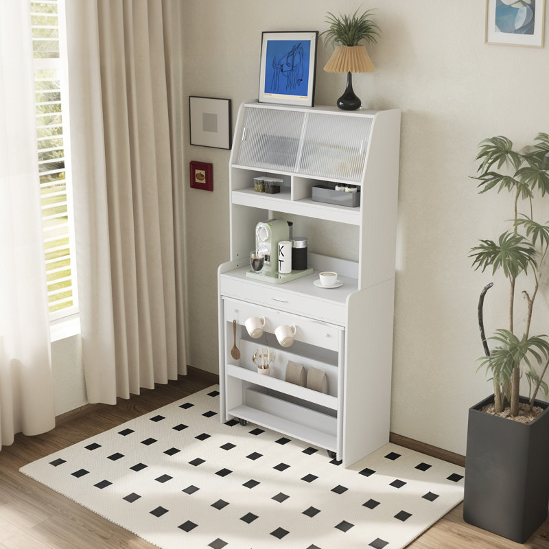 A Foldable Dining Table With A Top Cabinet And A Multi-Functional Sideboard, White