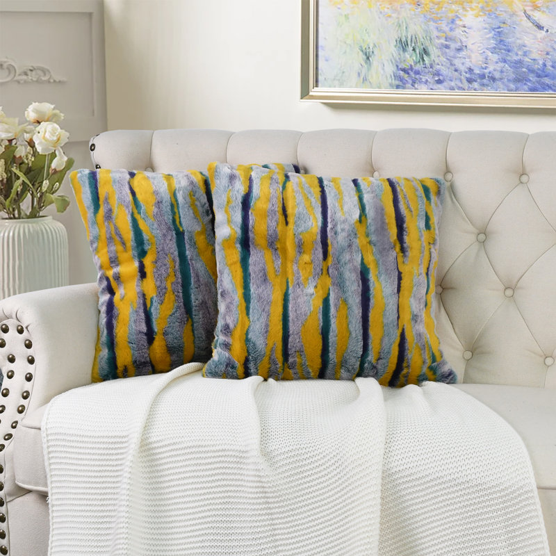 Multi Jacquard Faux Fur Euro Pillow Cover, 20" x 20", Teal
