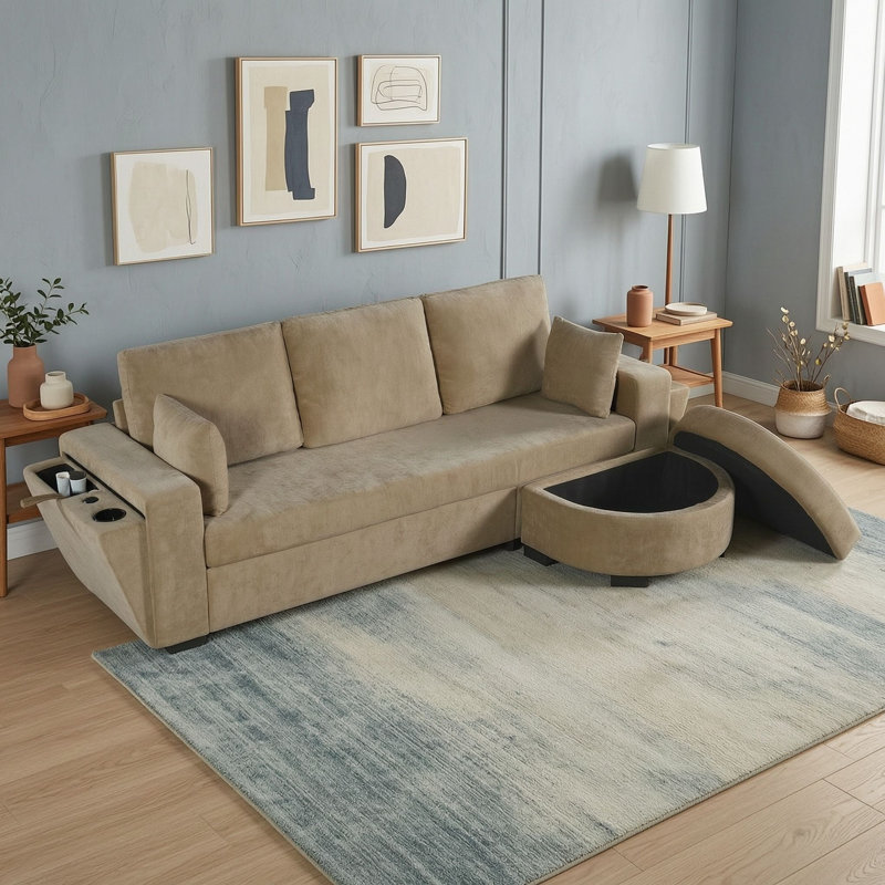 Canapé de coin avec pouf de rangement, Café