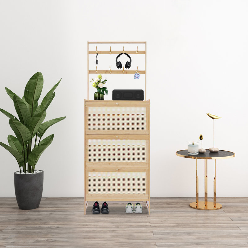 18 Pair Shoe Storage Cabinet, Light Yellow Wood