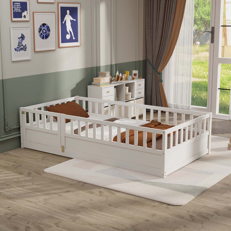 Lit au sol, fabrication intégrale avec barrière de sécurité ultra haute pour la chambre à coucher, Lit simple, Blanc