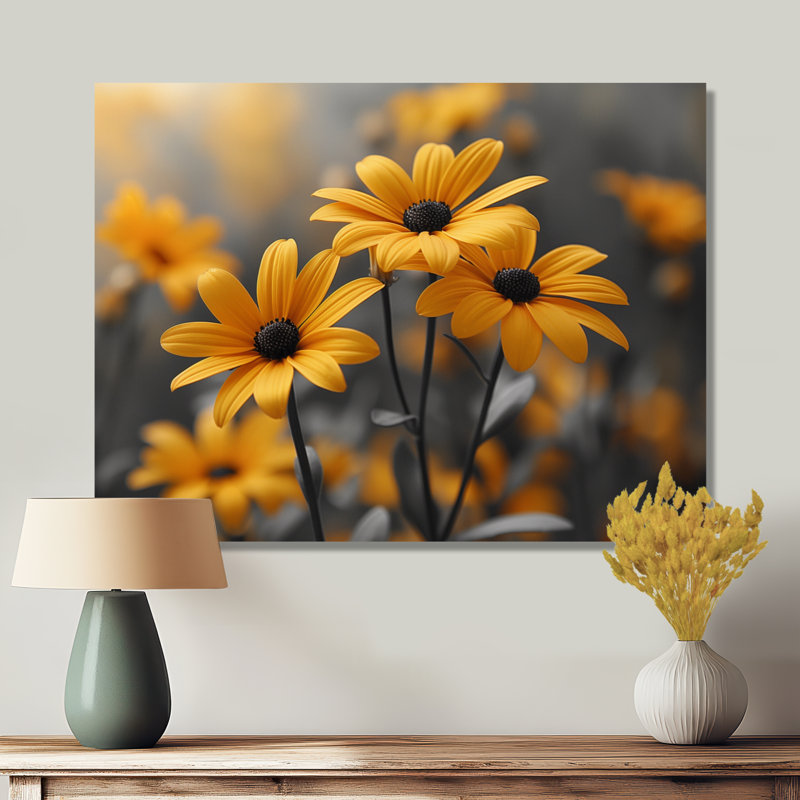 Monochromes jaunes et noirs, fleurs de la forêt I - marguerites, art mural, Toile tendue, H 34 po x l 44 po