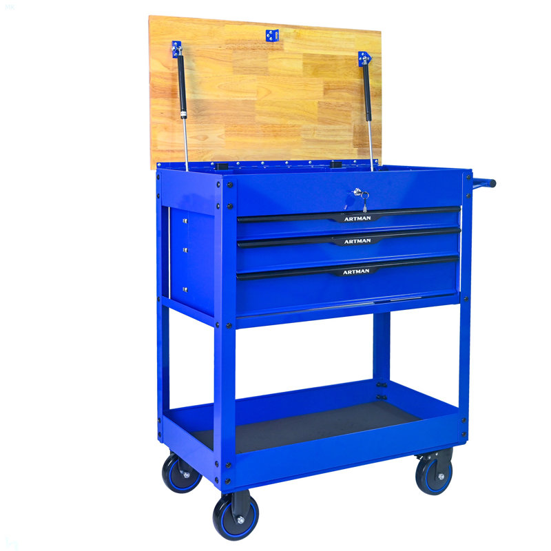 Chariot à outils multifonctionnel à 3 tiroirs avec roulettes et plateau en bois, Bleu