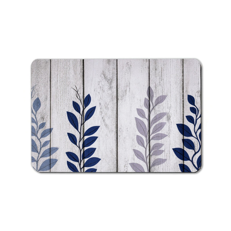 Navy Blue Leaf Wood Plank Bath Rug, 20" X 32", For Bathroom, Entryway