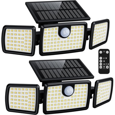 Éclairage solaire extérieur 500 lumières, 179 lumières de sécurité DEL à 3 têtes, détecteur de mouvement à 3 têtes, étanche IP65, lumières d'inondation à angle large à 120 ° avec 3 modes, panneau solaire en silicone polycristallin et alimenté par batterie 1200 mAh 18650, 2 paquets