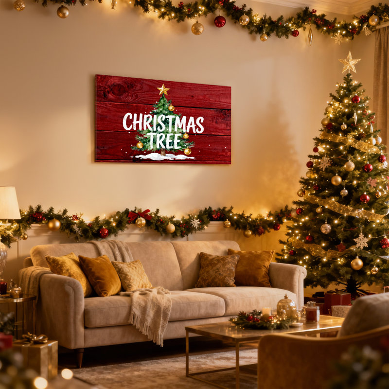 Arbre de Noël de Noël sur fond de bois rouge, ensemble de 3 impressions d'art sur toile, H 20 po x l 30 po