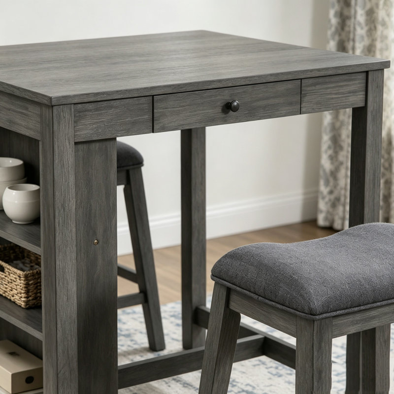 Ensemble de table de bar avec prise électrique, rangement et 2 tabourets