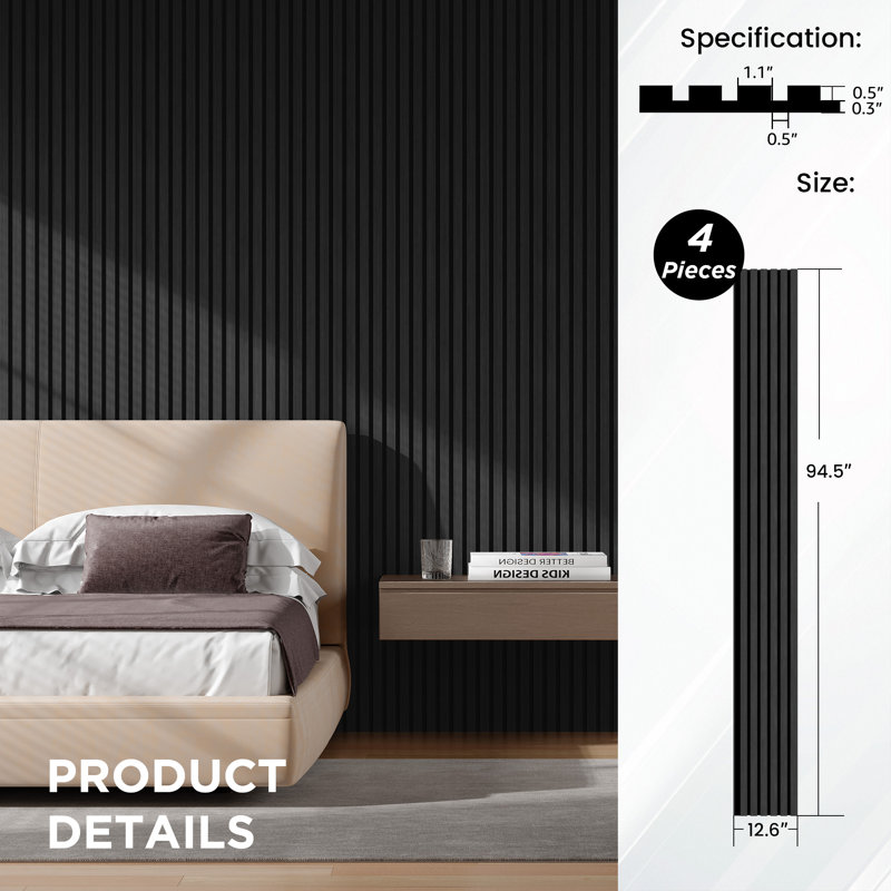 4 PCS 94.5"L x 12.6"W Acoustic Slat Wall Panels, Eco-Wood Look for Home/Office Wall & Ceiling (33.08 sq. ft.), Black