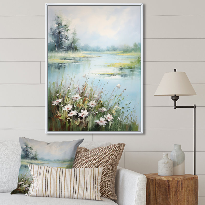 «Meadow Tranquil Waters III», art mural sur toile à motif floral, H 44 po x l 34 po x P 1,5 po, Cadre flottant blanc