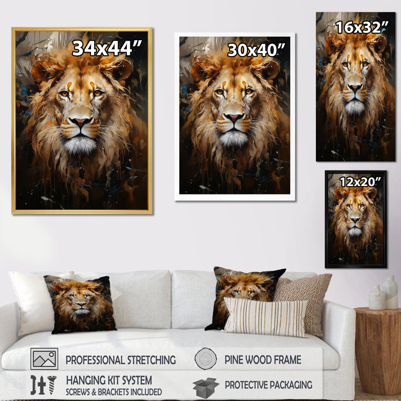 «Mighty Monarchs Lion Portrait I», reproduction sur toile, Cadre flottant doré, H 32 po x l 24 po x P 1 po