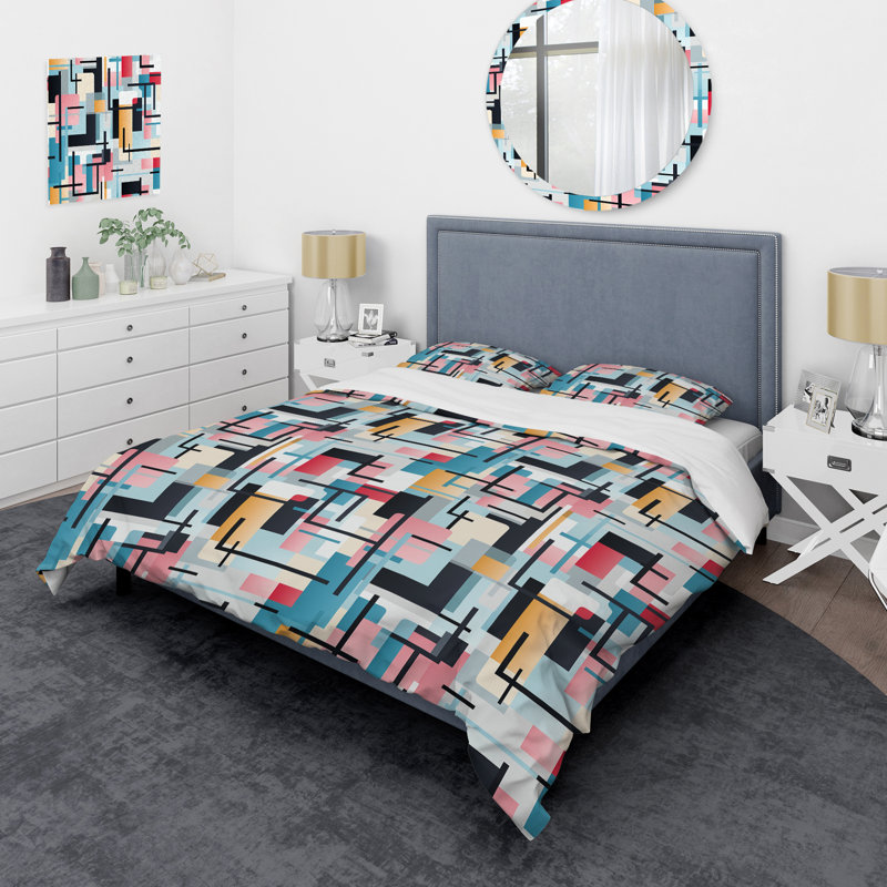 Ensemble de housse de couette en microfibre multicolore Urban Geometric Ii, Housse de couette simple + 1 taie décorative stan