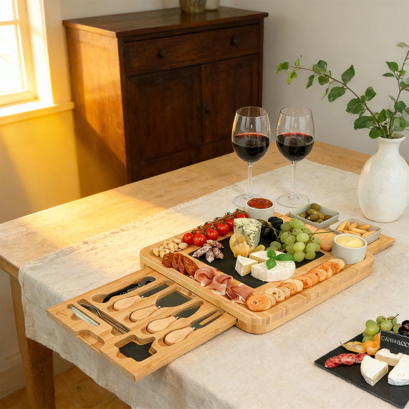 Organic Wood Cheese Board Set With Ceramic Bowls, Knives & Wine Opener – Perfect Charcuterie Tray & Gift