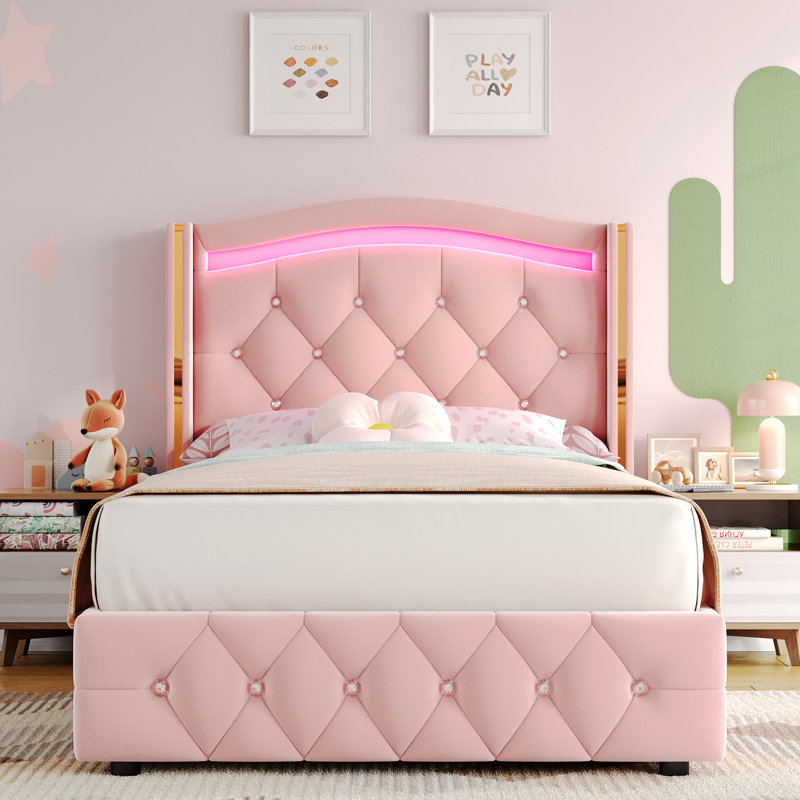 Lit plateforme tapissier avec lumières DEL Areyon, Rose