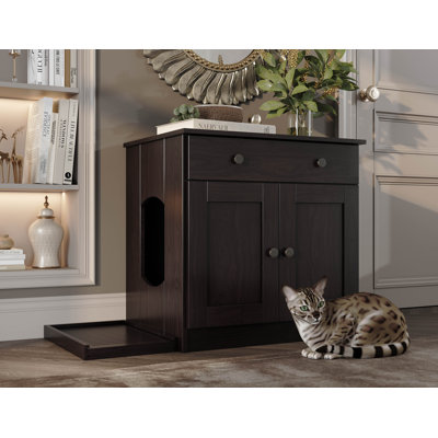 Enceinte de chat à 2 portes avec 2 tiroirs et bac à litière Palace Imports 100% bois massif Haajarah
