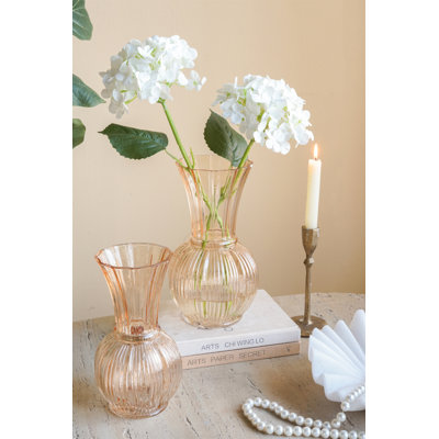 D5.1x9.4"H Amber Glass Accent Vase with Ribbed Texture and Flared Neck