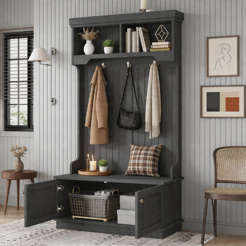 Portemanteau noir 4-en-1 avec crochets et banc à chaussures de rangement, parfait pour les salons.