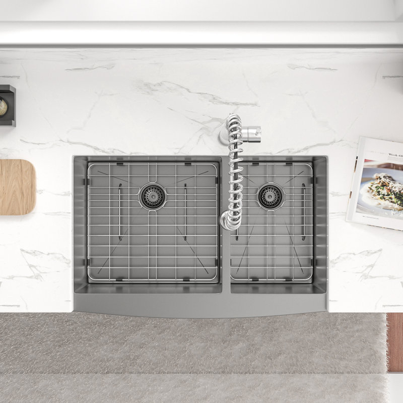 Double Bowl 16 Guage Stainless Steel Apron Front/Farmhouse Kitchen Sink, Gunmetal Black, 10" H x 21" W x 33" D 